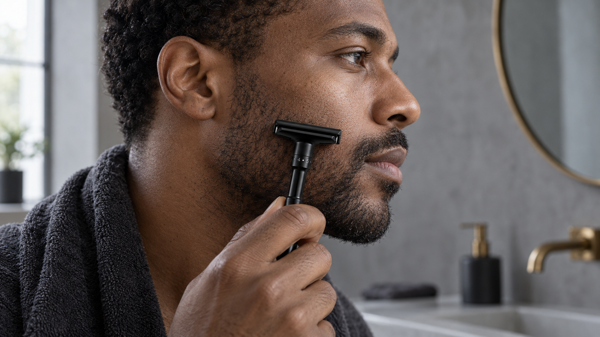 Homme à barbe crépue tenant un rasoir de sûreté avant le rasage