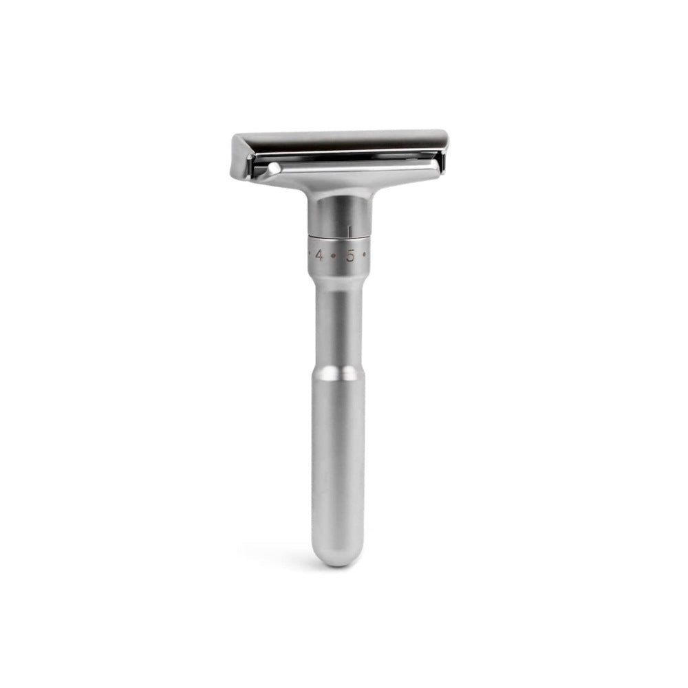 Rasoir de sûreté Biseau gris argent vu de face, molette de réglage visible
