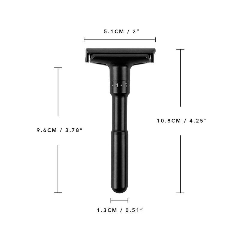 Dimensions du rasoir Biseau : tête 5,1 cm, hauteur 10,8 cm, manche 9,6 cm, diamètre 1,3 cm
