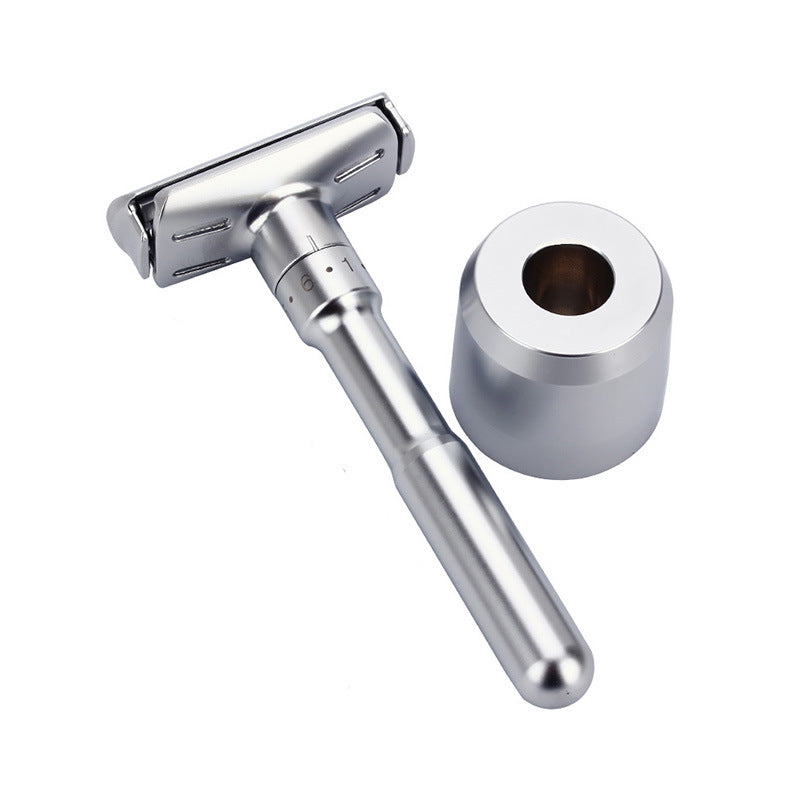 Rasoir de sûreté réglable Biseau gris argent avec son socle assorti