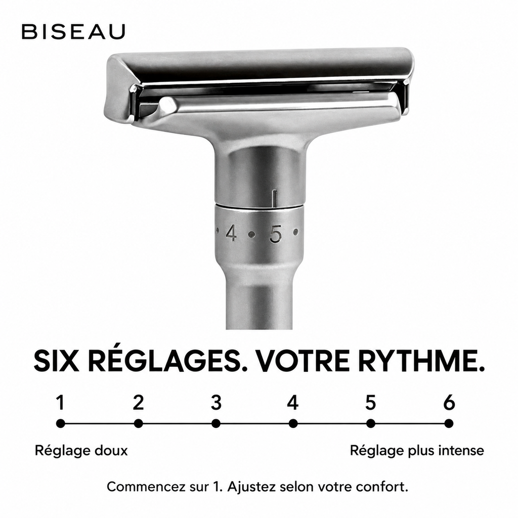 Molette de réglage du rasoir Biseau gris argent : six positions, de 1 (réglage doux) à 6 (réglage plus intense)