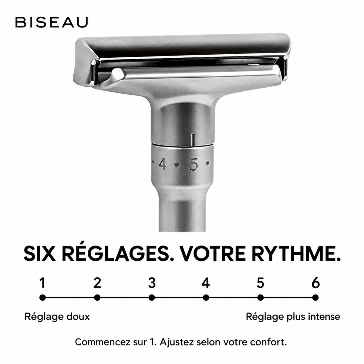 Molette de réglage du rasoir Biseau gris argent : six positions, de 1 (réglage doux) à 6 (réglage plus intense)